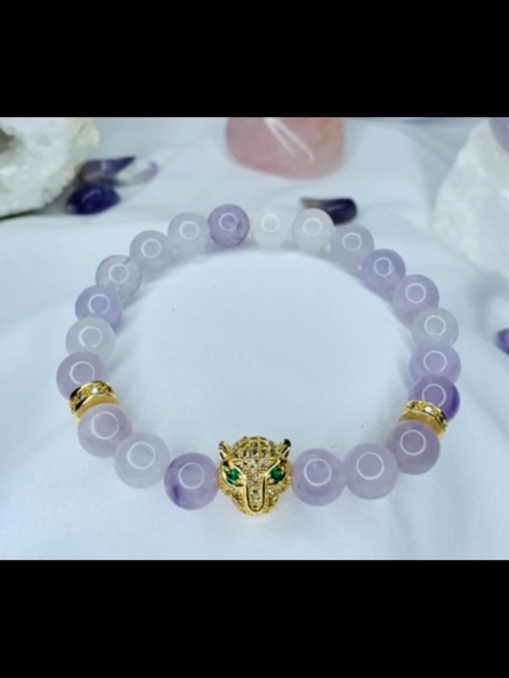 Gold Leopard Head Lavender Beaded Bracelet - Women Jewelry